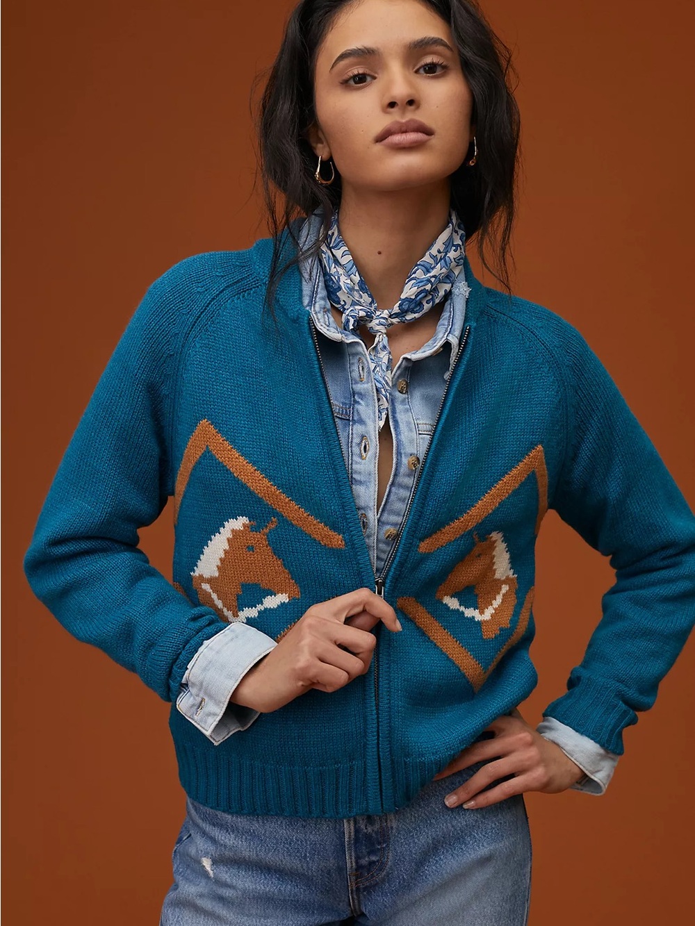 Anthropologie x Tiny Teal Horse Zip-Front Cardigan Intarsia Sweater Western XS